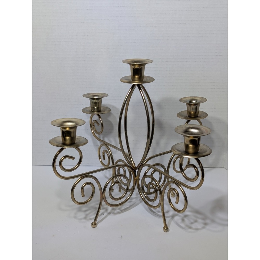 Vintage Gold Tone Brass 5 Arm Candelabra Scroll Candle Stick Holder 11x9